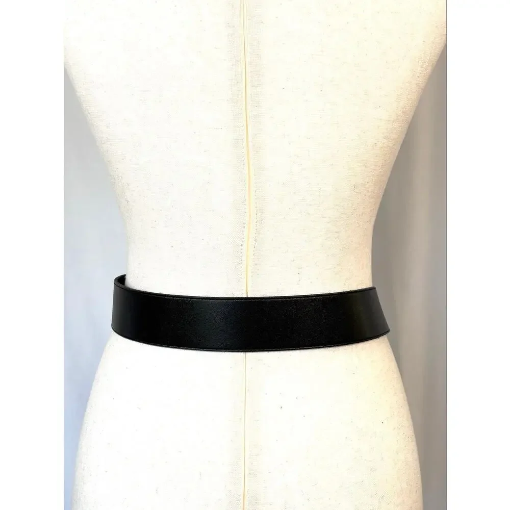 Better Belts Black Leather Prong Belt Silver Tone Swan Swirl Buckle Small VTG